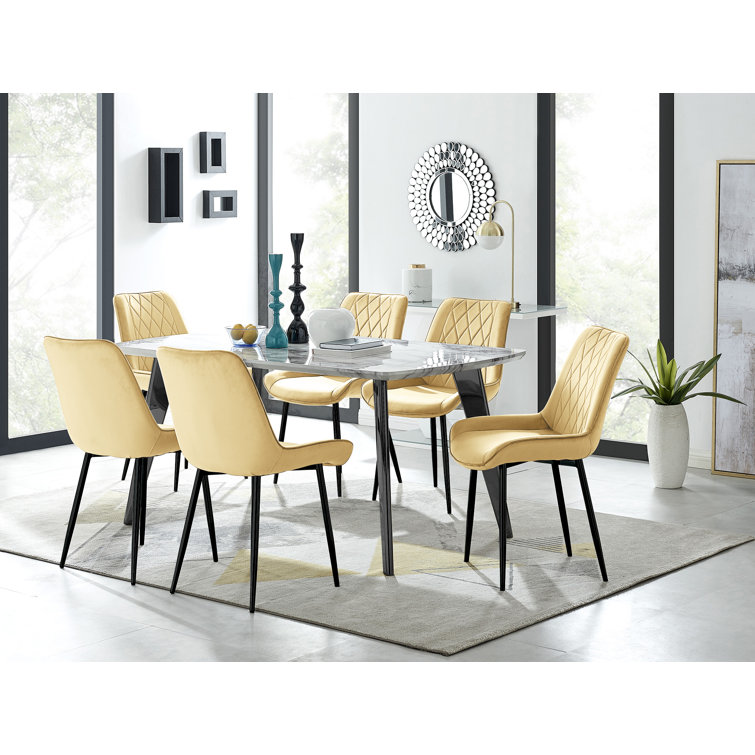 Anders Modern High Gloss Marble Effect Dining Table Set with 6 Luxury Velvet Dining Chairs